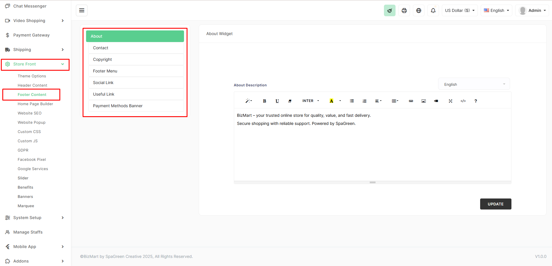 Footer Content Settings