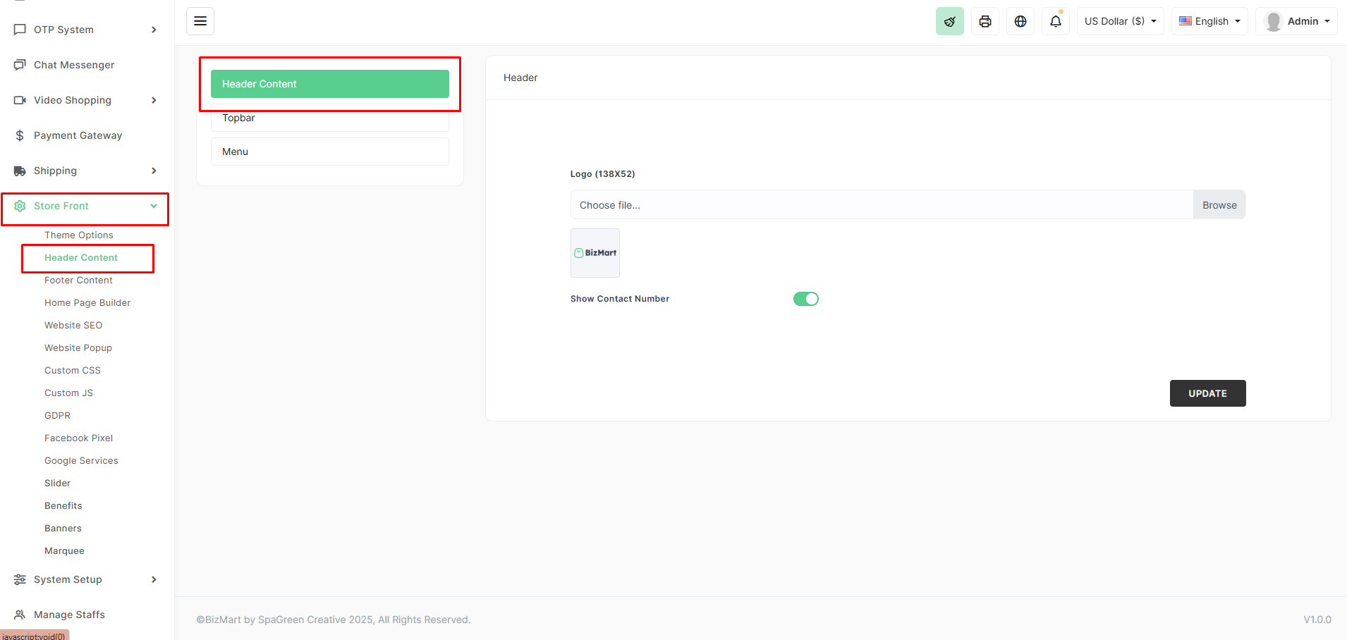 Header Content Settings