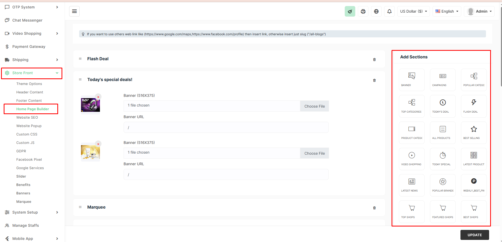 Home Page Builder Interface