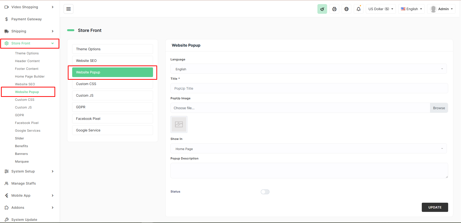 Website Popup Settings